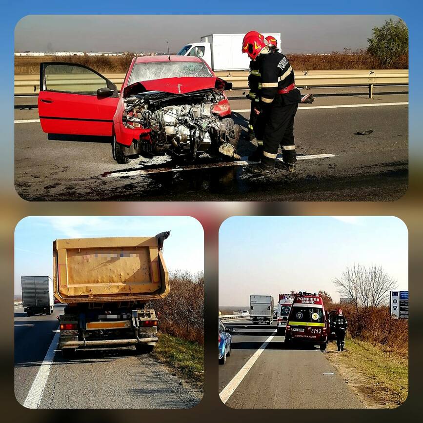Coliziune intre un autoturism si o basculanta  pe A1 Bucuresti Pitesti | imaginea 1